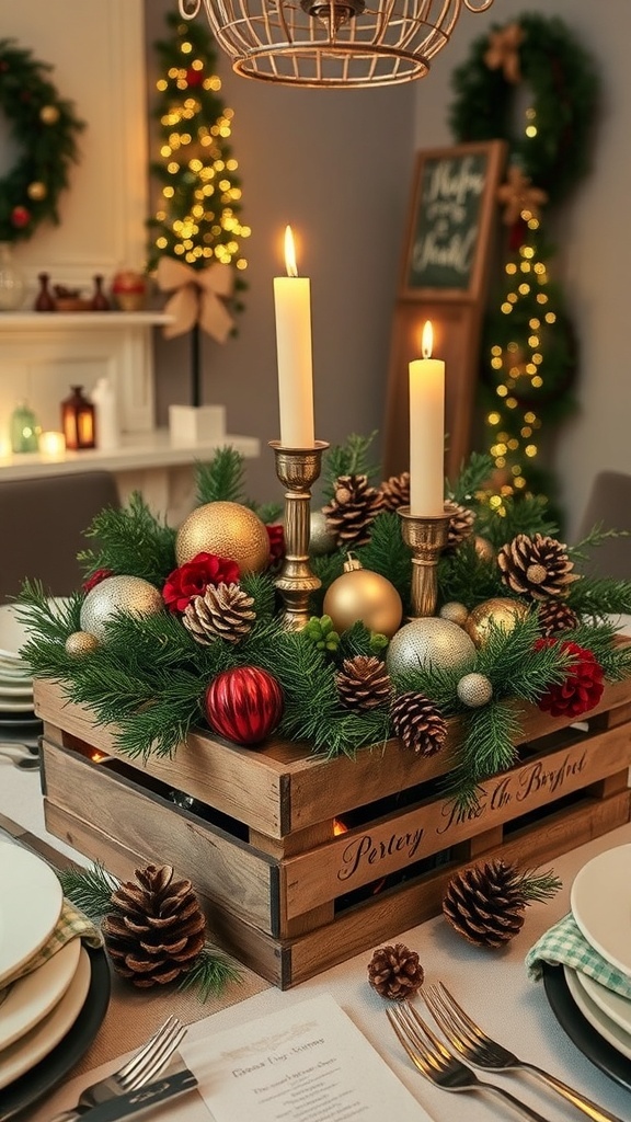 A vintage Christmas table centerpiece with greenery, antique ornaments, and candles in a rustic wooden crate.